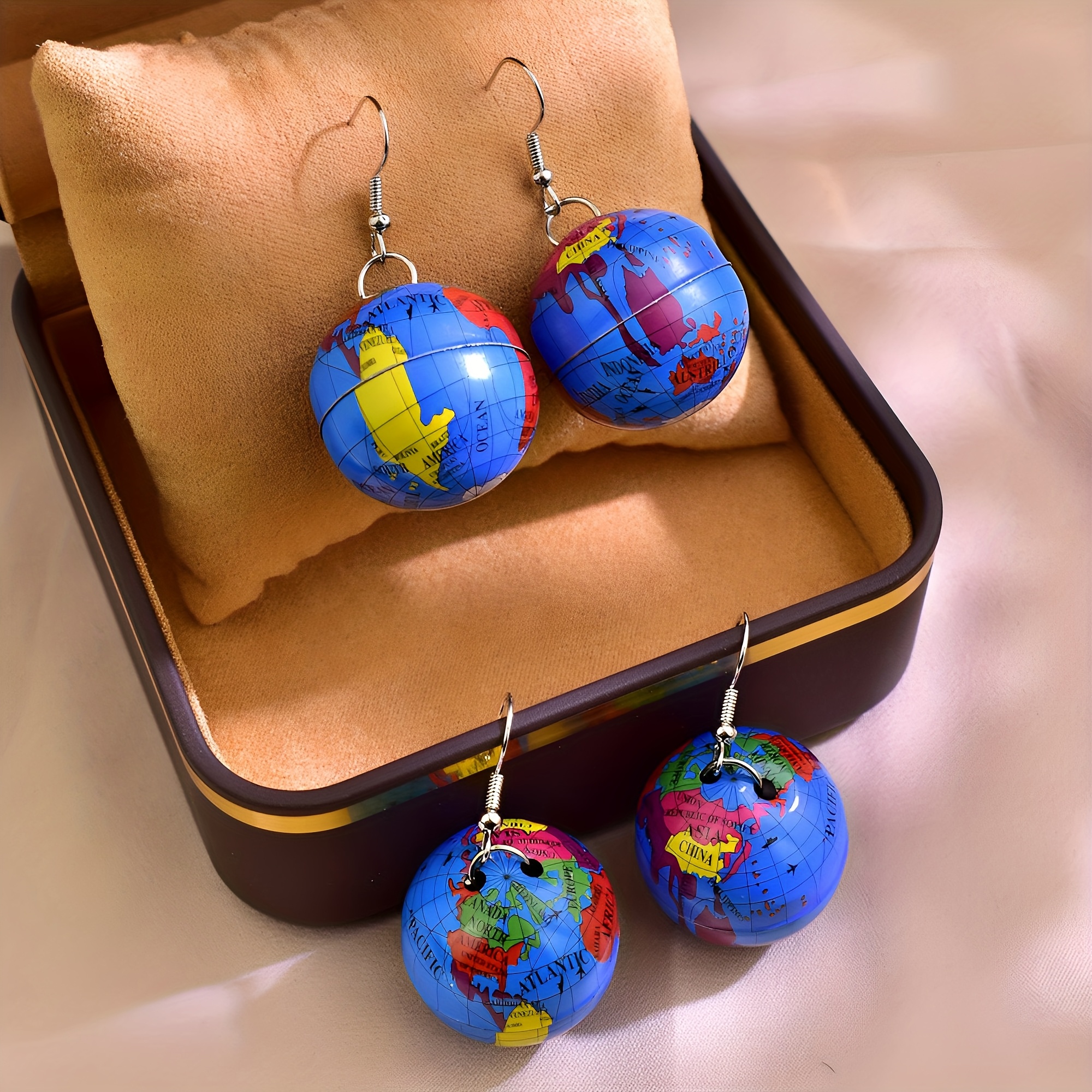 Earth Dangle Earrings with Colorful Continents - Summer Jewelry